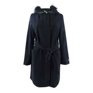 Tommy Hilfiger Women's Belted Faux-Fur-Trim Hooded Coat (M, Navy)